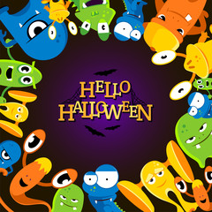 Cute cartoon halloween background with funny monsters. Vector illustration