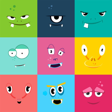 Set of cartoon monsters faces with different emotions