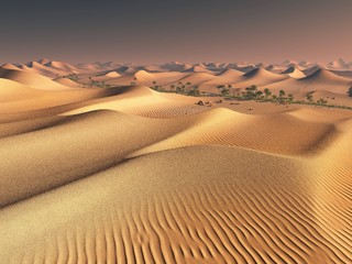 worldwide warming concept. solitary sand ridges under impressive evening sundown sky at drought desert scenery 3d rendering - obrazy, fototapety, plakaty