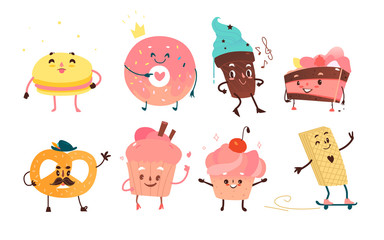 Set of funny dessert characters - donut, cupcake, cake, ice cream, pretzel, macaroon, cartoon flat style vector illustration isolated on white background. Dessert characters with smiling human faces