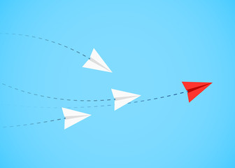 Minimalist stile red paper airplane show direction for white ones. Leader, boss, manager, winner concept.