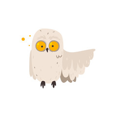 Funny, crazy looking owl with big round yellow eyes pointing with its wing, cartoon vector illustration isolated on white background. Cartoon owl with crazy round eyes and one wing pointing