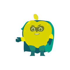 Funny apple fruit hero, superhero character, guard, defendor, flat style cartoon vector illustrations isolated on white background. Apple fruit hero, superhero character in mask and cape