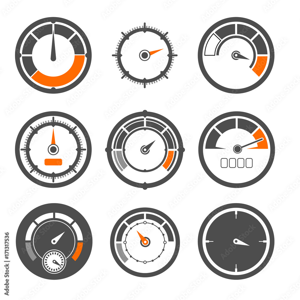 Wall mural vector illustrations set of different speedometers. miles and speed indicators
