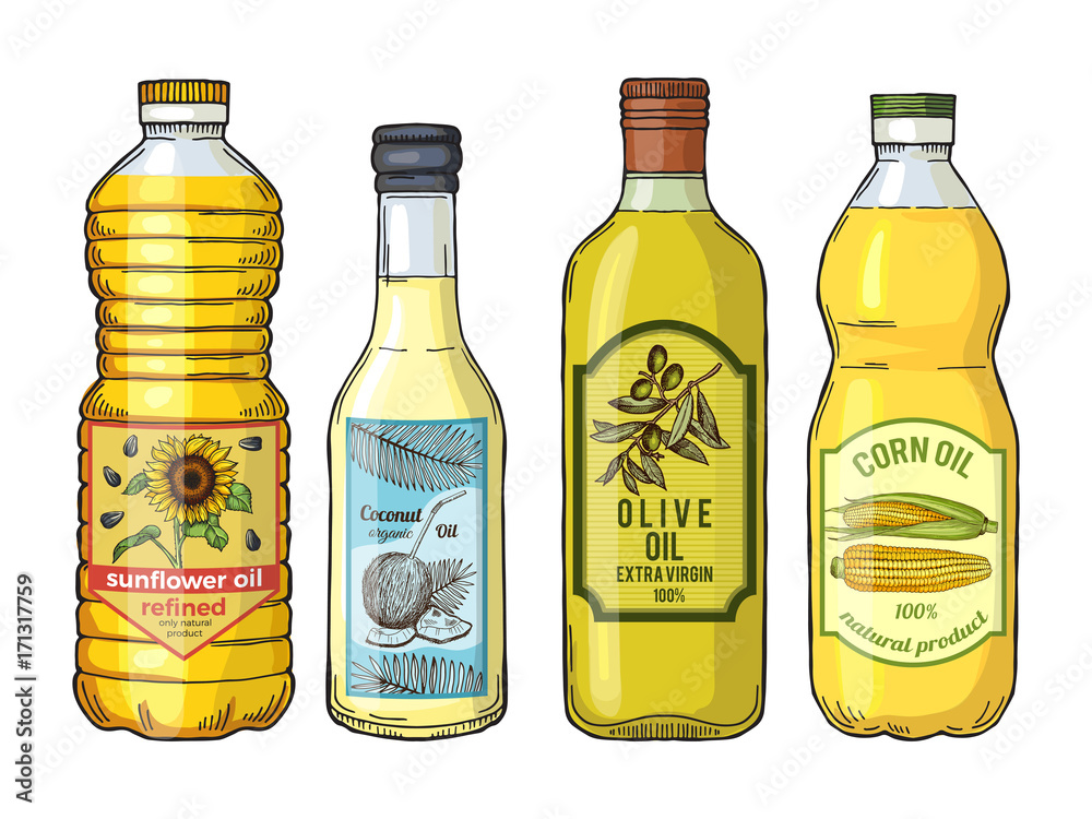 Wall mural Labels for different oils. Sunflower, olive, corn and coconut. Vector pictures set