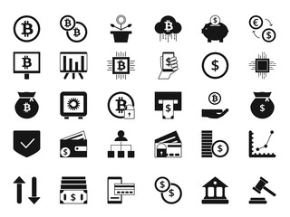 Coins, bitcoin, digital money and other symbols of finance. Vector silhouette set of business icons