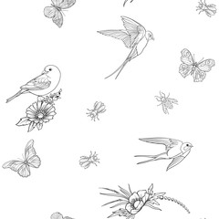 Floral seamless pattern with butterflies and bees and birds in realistic botanical style.  Stock vector illustration. Outline hand drawn.