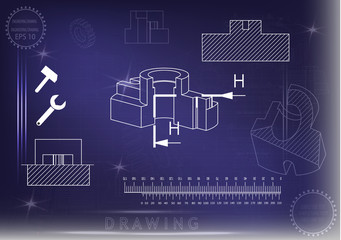 Machine-building drawings on a blue background