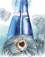 watercolor girl legs in jeanse with mug top view
