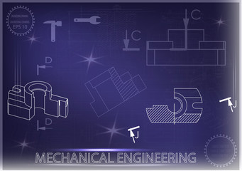Machine-building drawings on a blue background