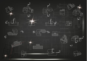 Machine-building drawings on a black background