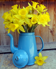 daffodils in Madam Blue enamel coffee pot