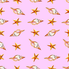 Watercolor seamless pattern with seashells and sea stars, hand-drawn watercolor background.