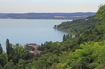 view of lake Balaton from the central square in Tihony