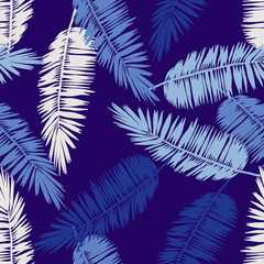 Seamless floral pattern with stylized palm leaves. Jungle foliage, blue hues on ultramarine background. Textile design.
