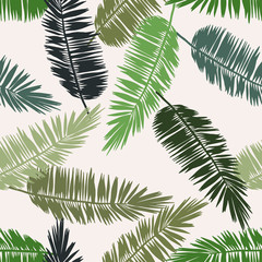 Seamless floral pattern with stylized palm leaves. Jungle foliage, green hues on ecru background. Textile design.