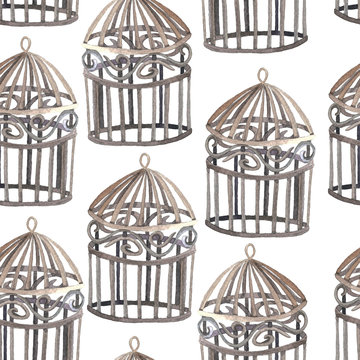 Seamless pattern of vintage cages on white background, watercolor illustration