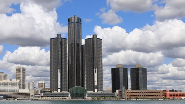Timelapse of Detroit city center across the Detroit River 4K