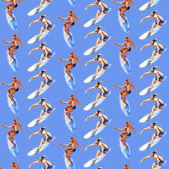 Man and girl surfers, watercolor seamless pattern, bright hand-drawn summer  background.