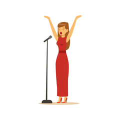 Beautiful woman singer in red dress performing a song vector Illustration