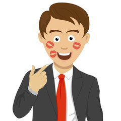 Young handsome business man shows traces of a kiss on his face