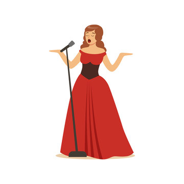 Beautiful woman opera singer in long red dress singing with microphone vector Illustration