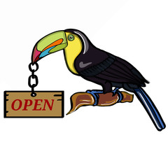 tukan bird and open text  wood banner © Serkan
