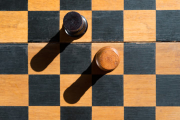 top view Chess Rooks stand on chessboard with shadows