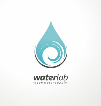Water supply logo design template with water drop and swirl design element in negative space