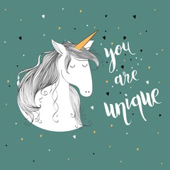Magic cute unicorn with hearts. Vector greeting card. You are unique.