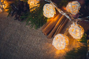Christmas decoration lights burlap background