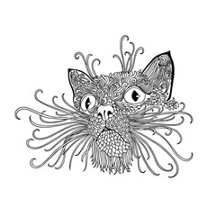 Black and wite cat with ethnic floral ornaments for adult coloring book. Zentagle pattern. Vector doodle illustration. Portrait of a cute pet.