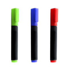 Set of color markers close up isolated on white background.