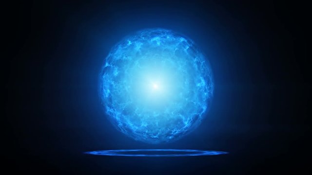 Blue plasma ball with energy charges in studio. Computer generated sci-fi abstract background. Seamless loop animation 4k UHD (3840x2160)
