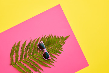 Fern Fashion. Tropical Leaf. Floral Leaves Concept. Vivid Design. Art Gallery. Creative Bright Trendy Color. Minimal Style. Summer fashion Mood on Yellow