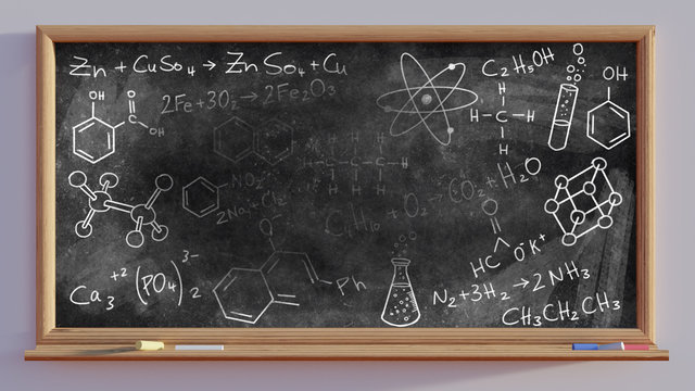 3D render of a blackboard and chemical scribbles 