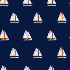 Watercolor seamless pattern with sailboats, bright hand-drawn summer  background.