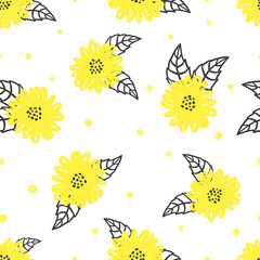 Seamless floral pattern with yellow flowers and black leaves.