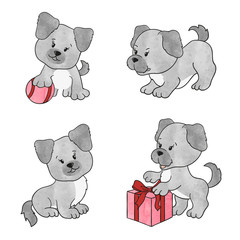 Set of cute watercolor puppies isolated on white background. Vector illustration.