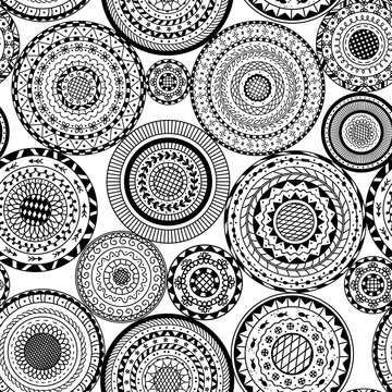 Vector seamless pattern from black and white round mandalas. Decorative background of circle mandala. Coloring page book anti stress for adult.