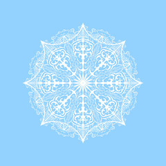 Vector ornate snowflake. Illustration of white mandala on blue background