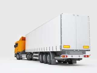 Fototapeta na wymiar Logistics concept. Cargo truck transporting goods isolated on white background. Rear view. 3D illustration
