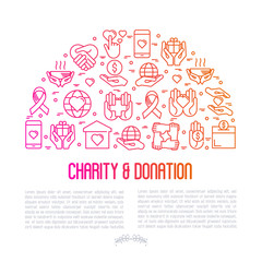 Charity and donation concept in half circle with thin line icons related to nonprofit organizations, fundraising, crowdfunding and charity project. Vector illustration for banner, print media.