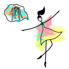 Dancing girl stick figure with watercolor paints swatches ballerina ballet