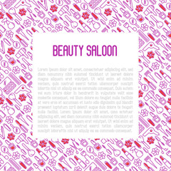 Beauty saloon concept with thin line icons of cosmetics, make up and beauty accessories. Vector illustration for banner, web page, print media.