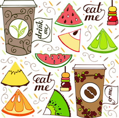 coffee, tea and fruits background