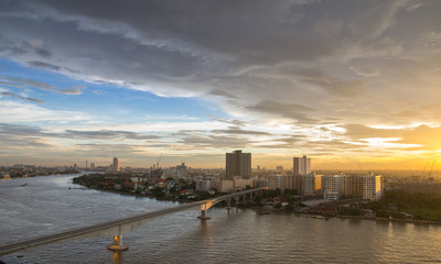 Landscape view of Bangkok with Chao Phraya river and sunset in evening, Bangkok Thailand	