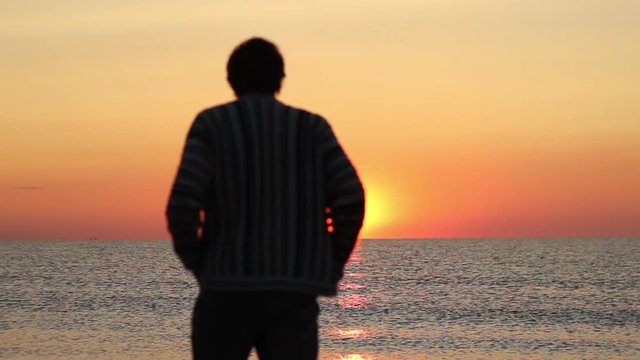 Man walking in the sunrise. Seagulls flying.
