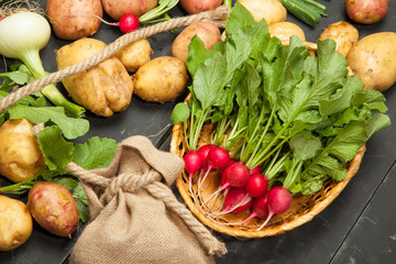 Fresh vegetables, radishes and potatoes on a black wooden background