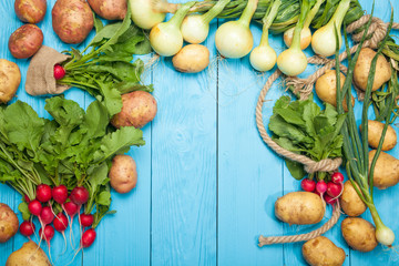 Fototapeta na wymiar Fresh vegetables on a blue wooden background